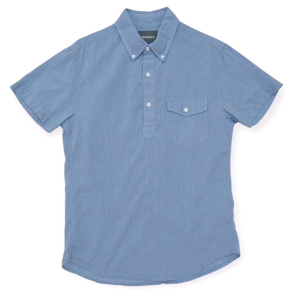 Bonobos Popover Shirt Mens S (XS) Blue Chambray Slim Fit 3 Button Short Sleeve